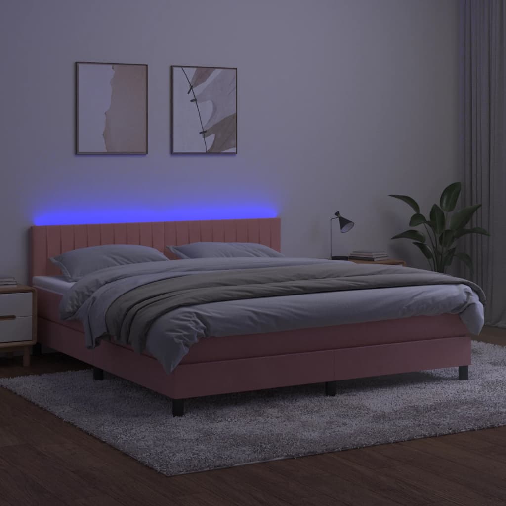 Cama box spring c/ colchão/LED 180x200 cm veludo rosa