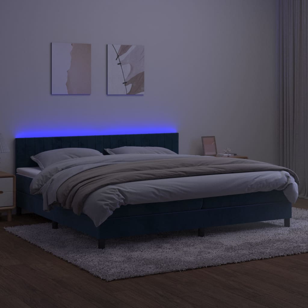 Cama box spring c/ colchão/LED 200x200 cm veludo azul-escuro