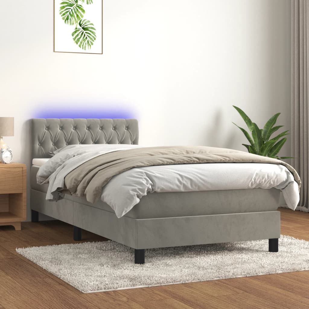 Cama box spring c/ colchão/LED 90x200 cm veludo cinzento-claro