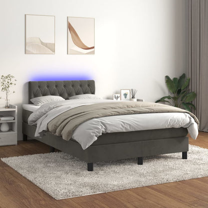 Cama box spring c/ colchão/LED 120x200cm veludo cinzento-escuro