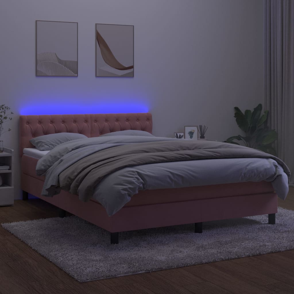 Cama box spring c/ colchão/LED 140x200 cm veludo rosa