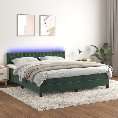 Cama box spring c/ colchão/LED 160x200 cm veludo verde-escuro