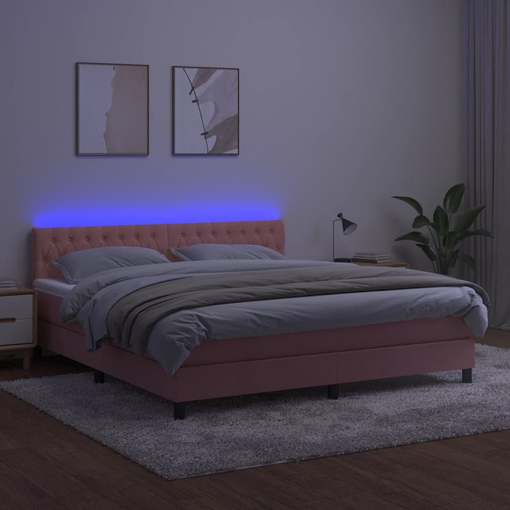 Cama box spring c/ colchão/LED 180x200 cm veludo rosa