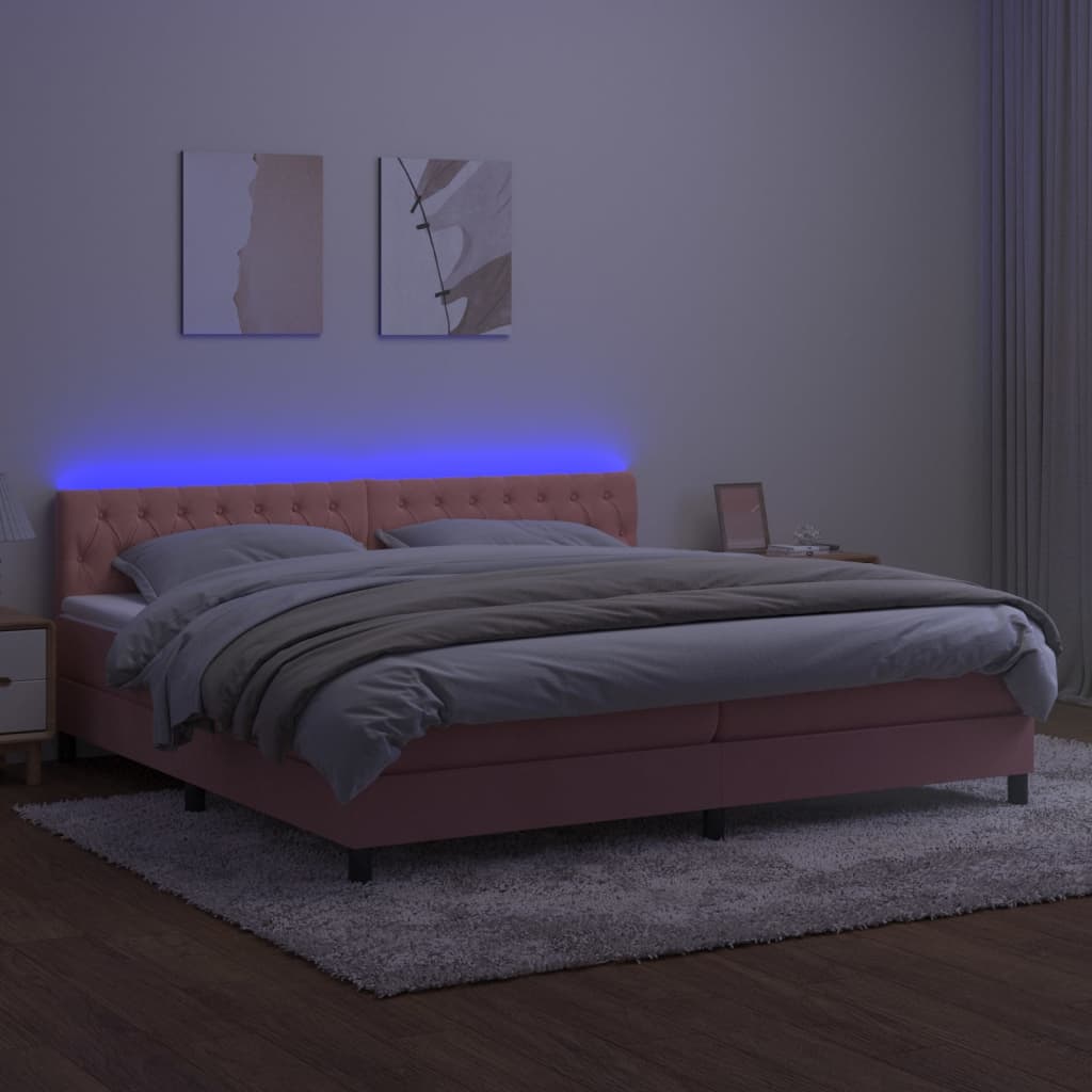 Cama box spring c/ colchão/LED 200x200 cm veludo rosa