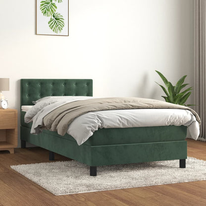 Cama box spring c/ colchão/LED 80x200 cm veludo verde-escuro