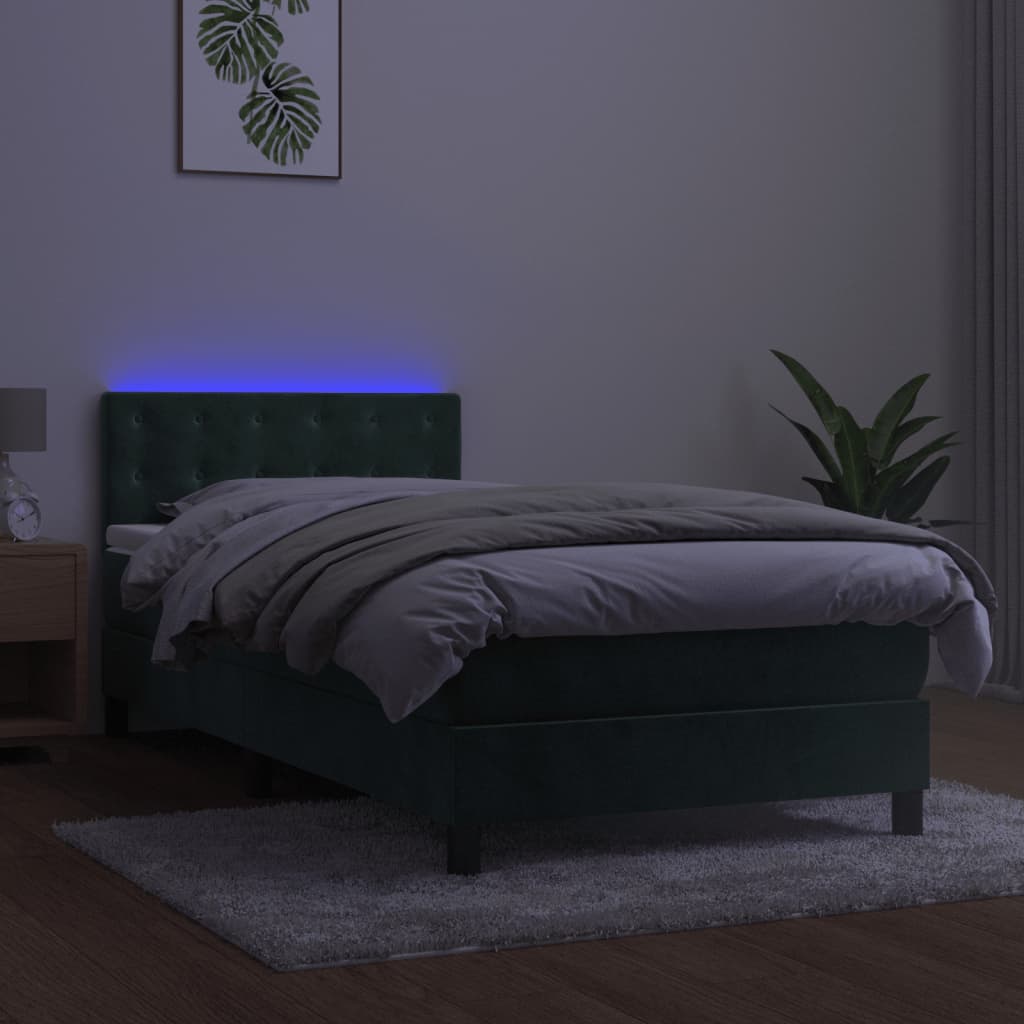 Cama box spring c/ colchão/LED 90x190 cm veludo verde-escuro