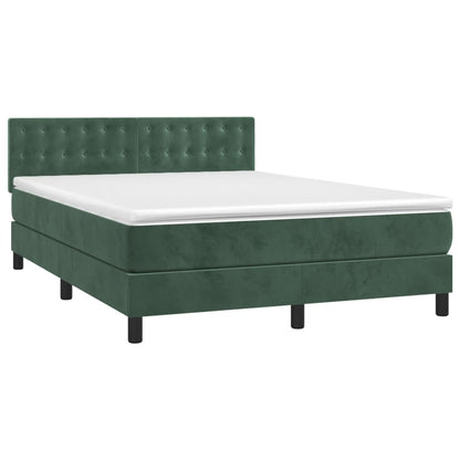 Cama box spring c/ colchão/LED 140x190 cm veludo verde-escuro