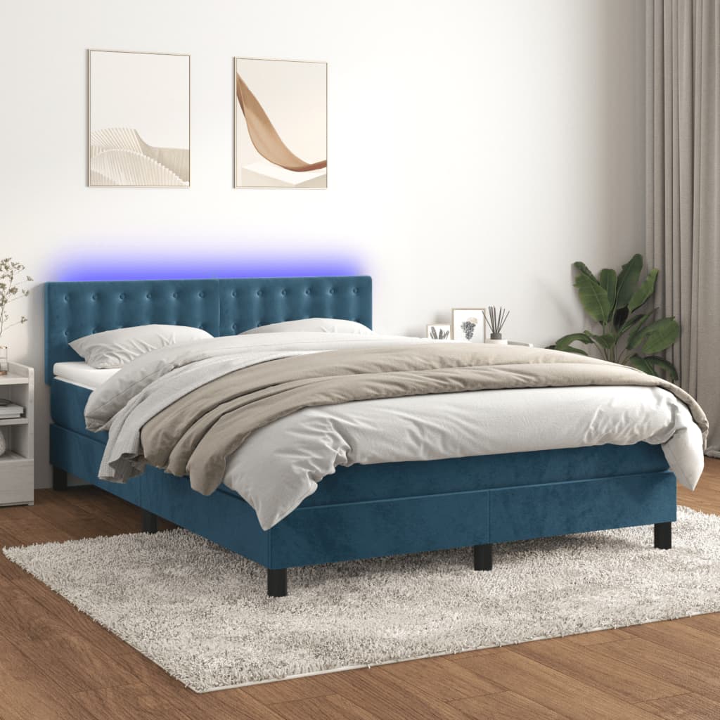 Cama box spring c/ colchão/LED 140x200 cm veludo azul-escuro