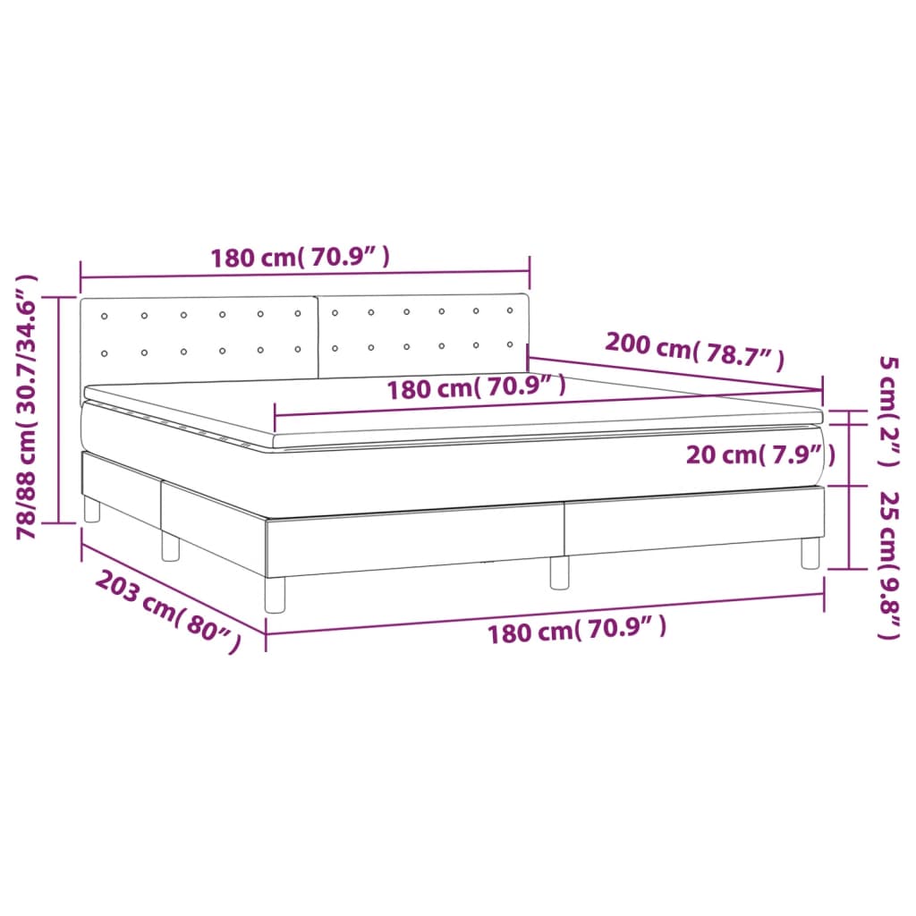 Cama box spring c/ colchão/LED 180x200 cm veludo verde-escuro