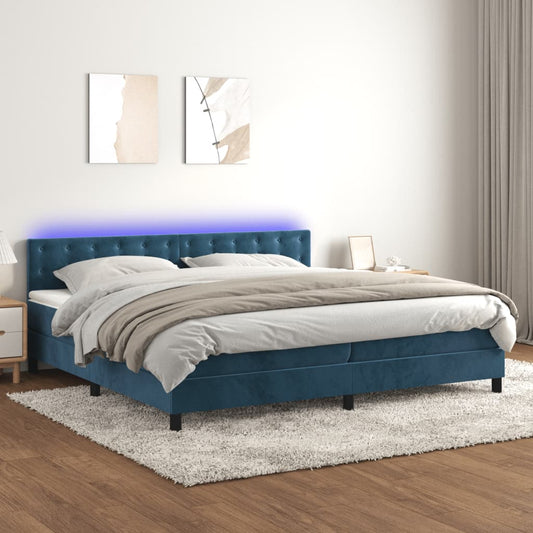 Cama box spring c/ colchão/LED 200x200 cm veludo azul-escuro