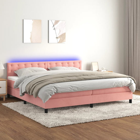 Cama box spring c/ colchão/LED 200x200 cm veludo rosa