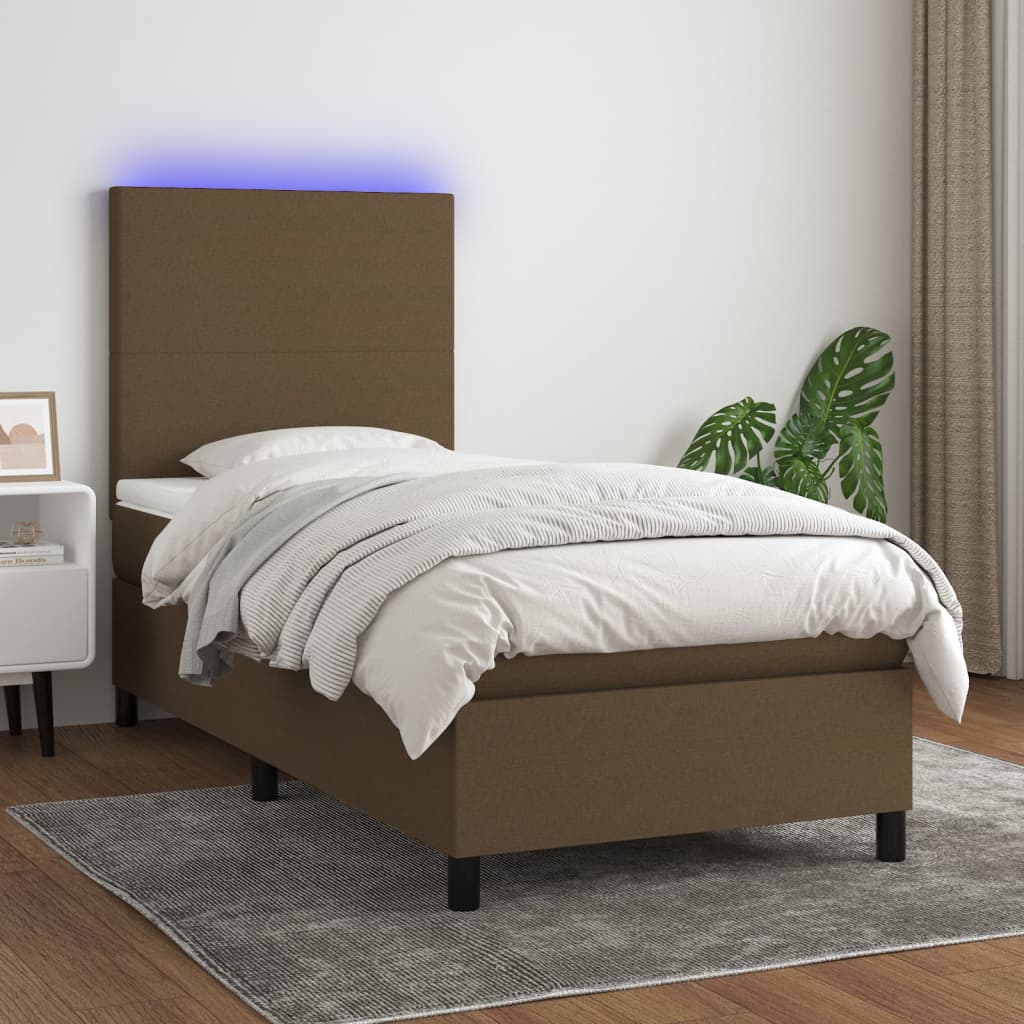 Cama box spring c/ colchão/LED 80x200cm tecido castanho-escuro