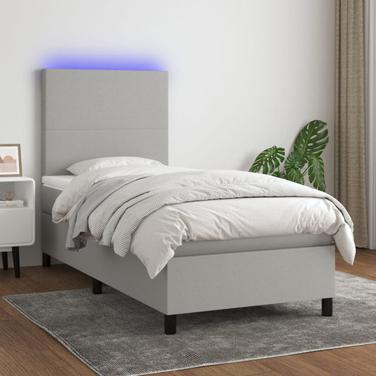 Cama box spring c/ colchão e LED 90x190 cm tecido cinza-claro