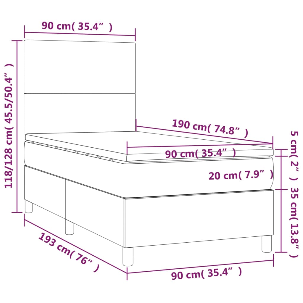 Cama box spring c/ colchão e LED 90x190 cm tecido preto