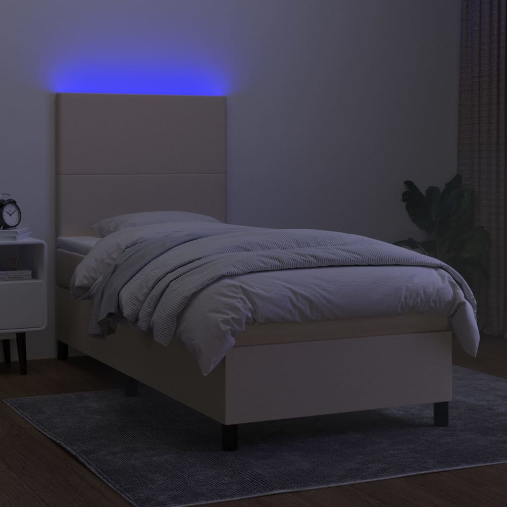 Cama box spring c/ colchão e LED 90x190 cm tecido cor creme