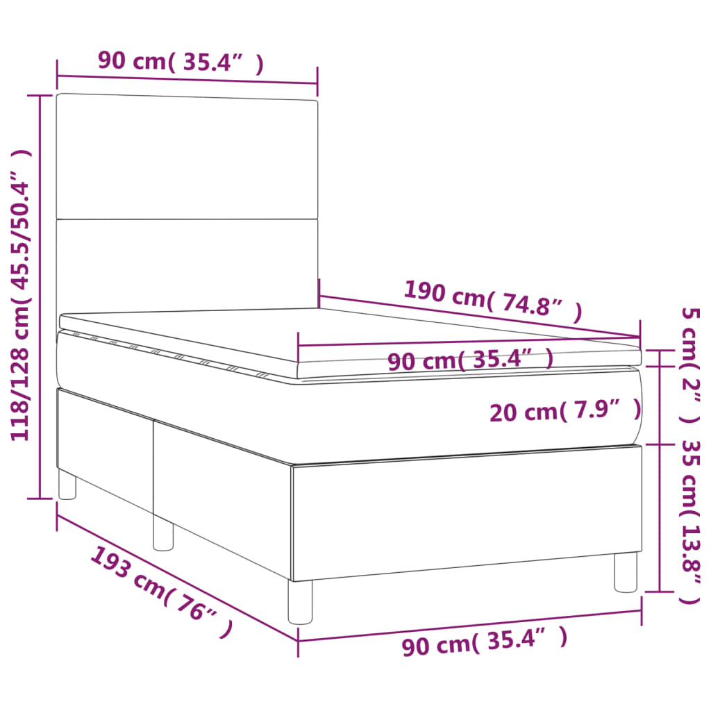 Cama box spring c/ colchão e LED 90x190 cm tecido cor creme