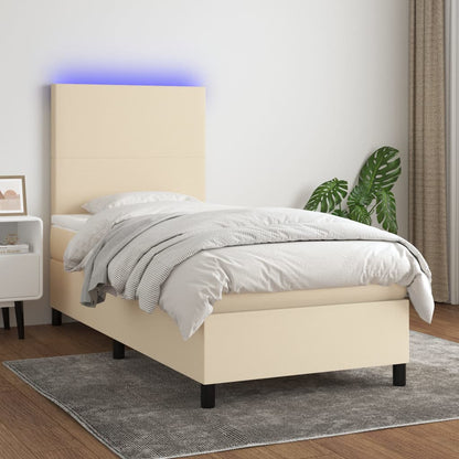 Cama box spring c/ colchão e LED 90x200 cm tecido cor creme