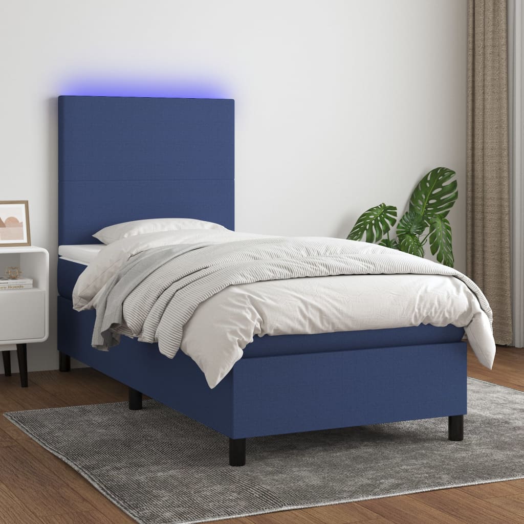 Cama box spring c/ colchão e LED 90x200 cm tecido azul