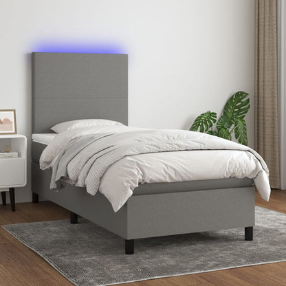 Cama box spring c/ colchão e LED 100x200 cm tecido cinza-escuro