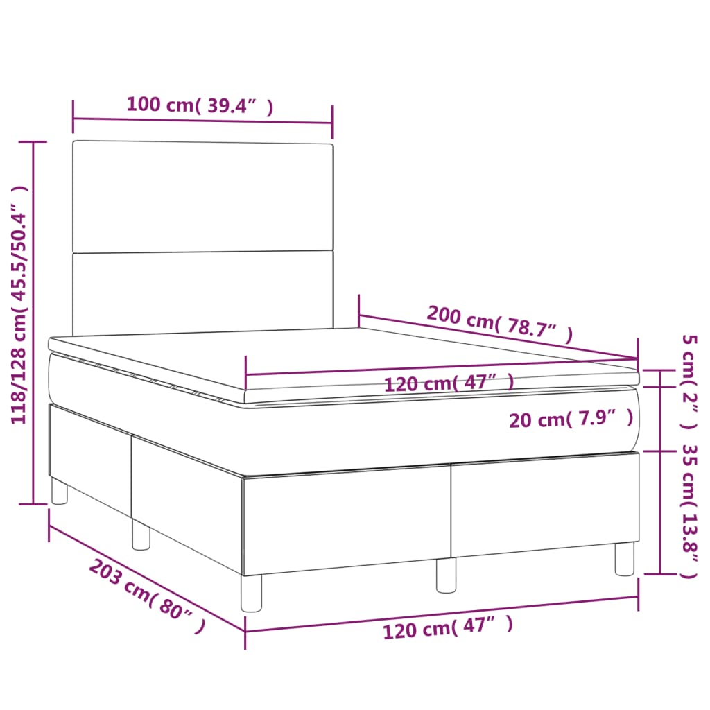 Cama box spring c/ colchão e LED 120x200 cm tecido cinza-escuro