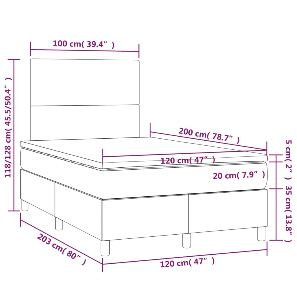 Cama box spring c/ colchão e LED 120x200 cm tecido preto