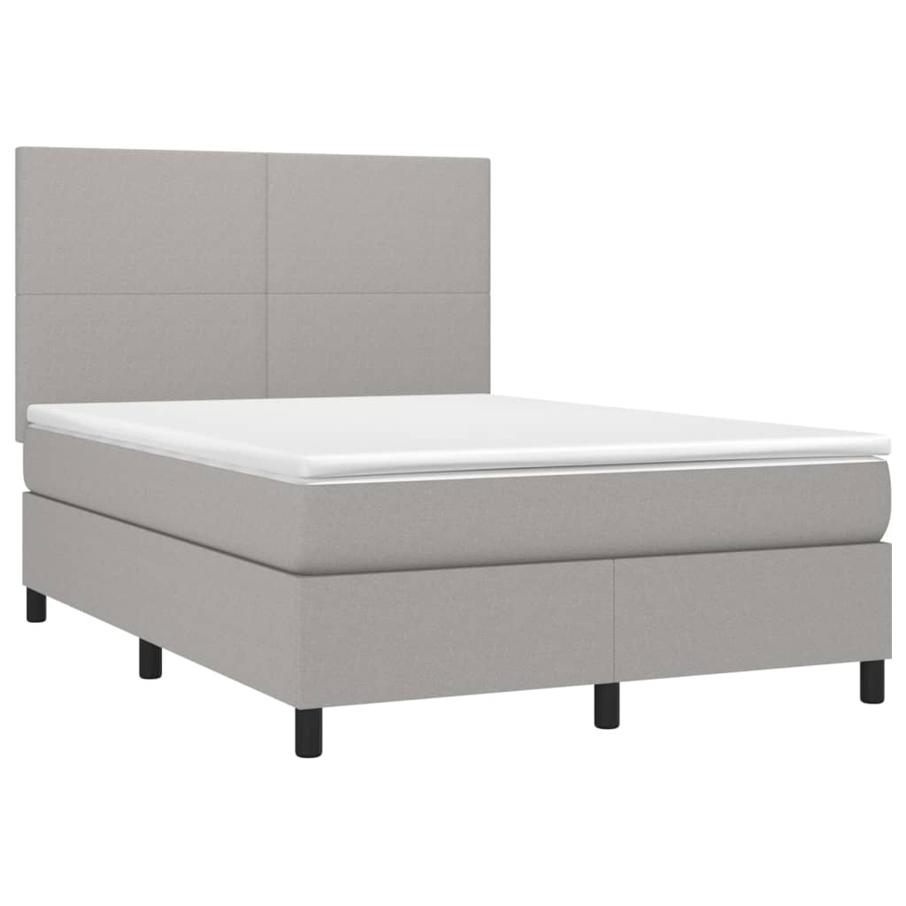 Cama box spring c/ colchão e LED 140x190 cm tecido cinza-claro