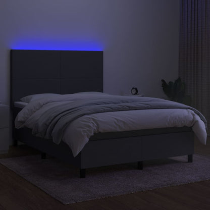 Cama box spring c/ colchão e LED 140x190 cm tecido cinza-escuro