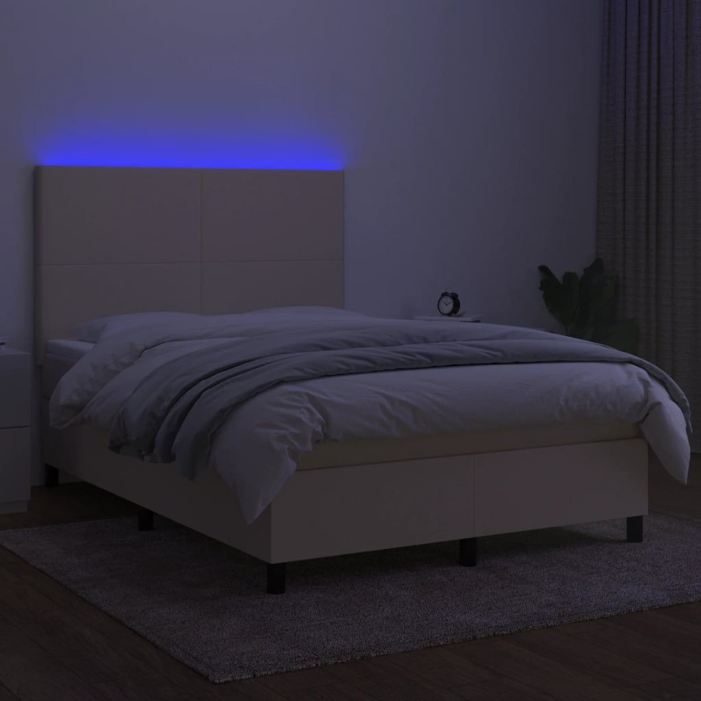 Cama box spring c/ colchão e LED 140x190 cm tecido cor creme