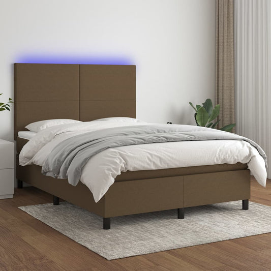 Cama box spring c/ colchão/LED 140x200cm tecido castanho-escuro