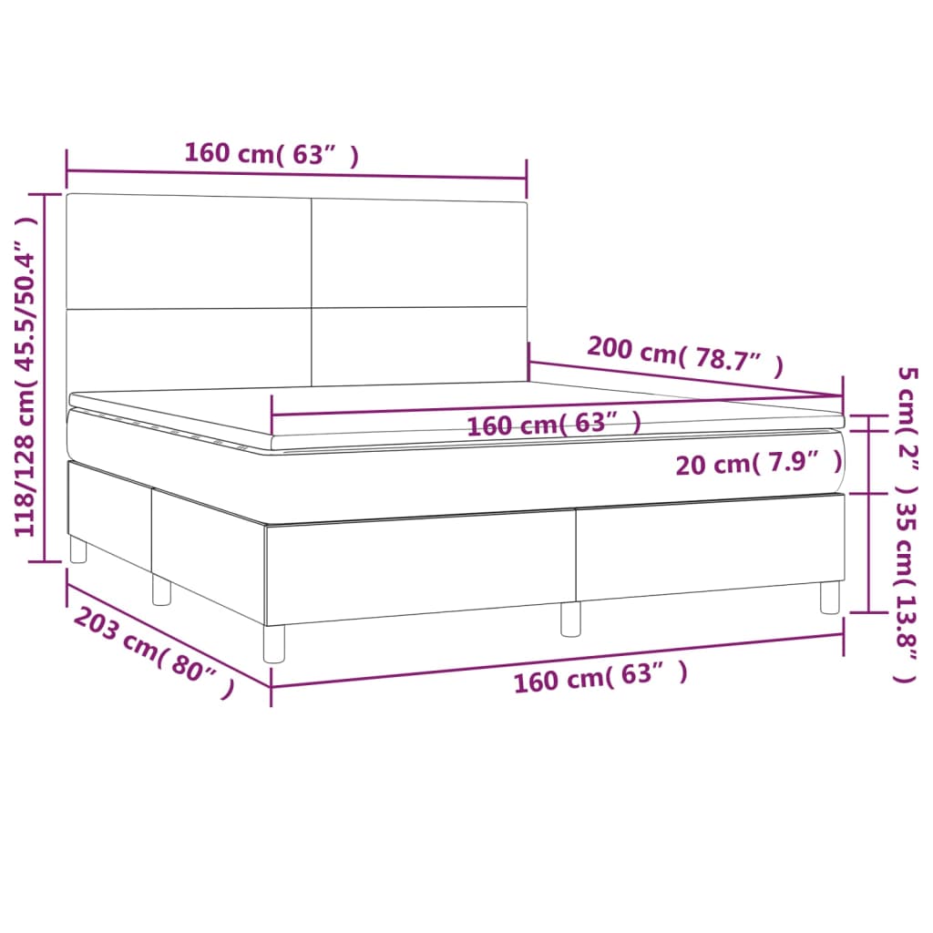 Cama box spring c/ colchão e LED 160x200 cm tecido cinza-escuro