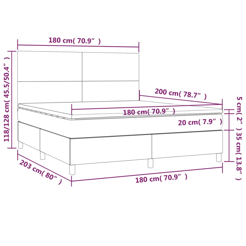 Cama box spring c/ colchão e LED 180x200 cm tecido cinza-escuro