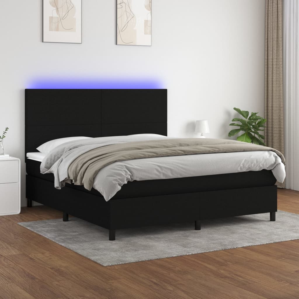 Cama box spring c/ colchão e LED 180x200 cm tecido preto