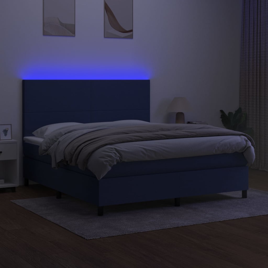 Cama box spring c/ colchão e LED 180x200 cm tecido azul