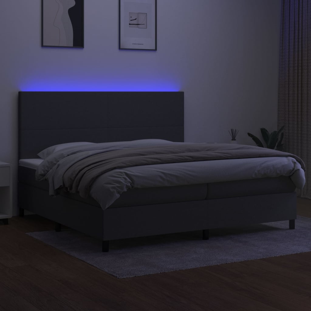 Cama box spring c/ colchão e LED 200x200 cm tecido cinza-escuro