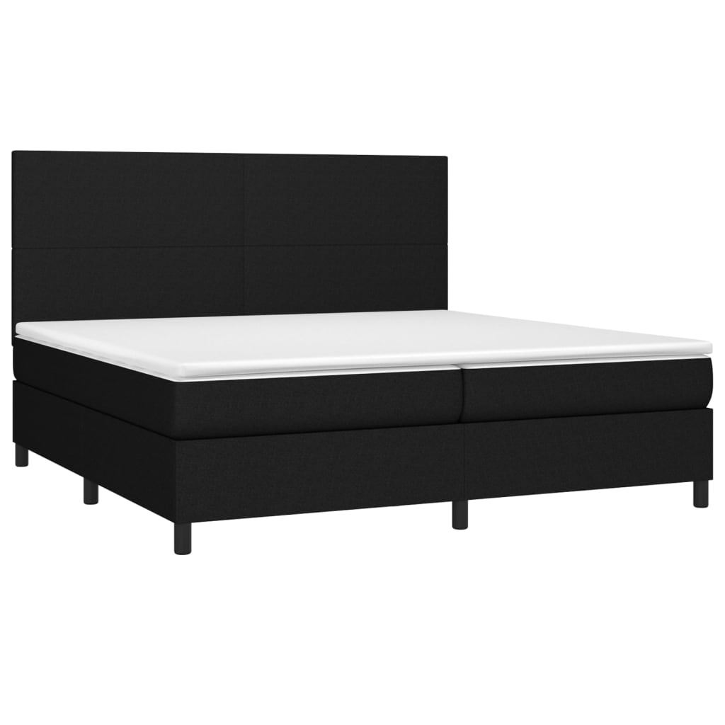 Cama box spring c/ colchão e LED 200x200 cm tecido preto