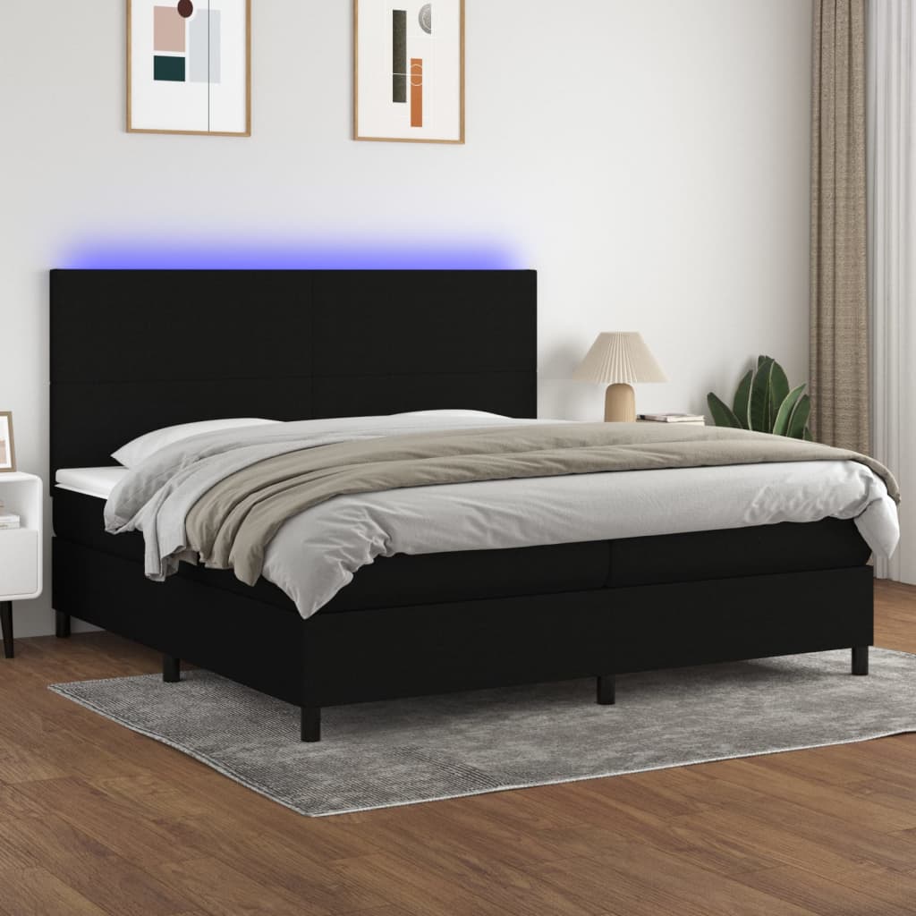 Cama box spring c/ colchão e LED 200x200 cm tecido preto