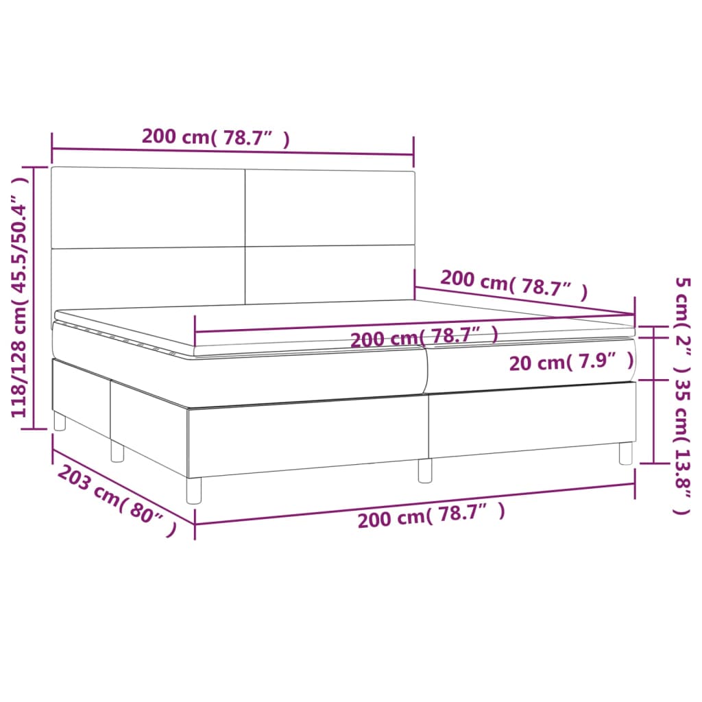 Cama box spring c/ colchão/LED 200x200cm tecido castanho-escuro