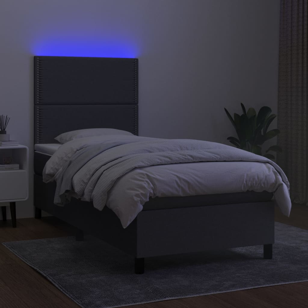 Cama box spring c/ colchão e LED 80x200 cm tecido cinza-escuro