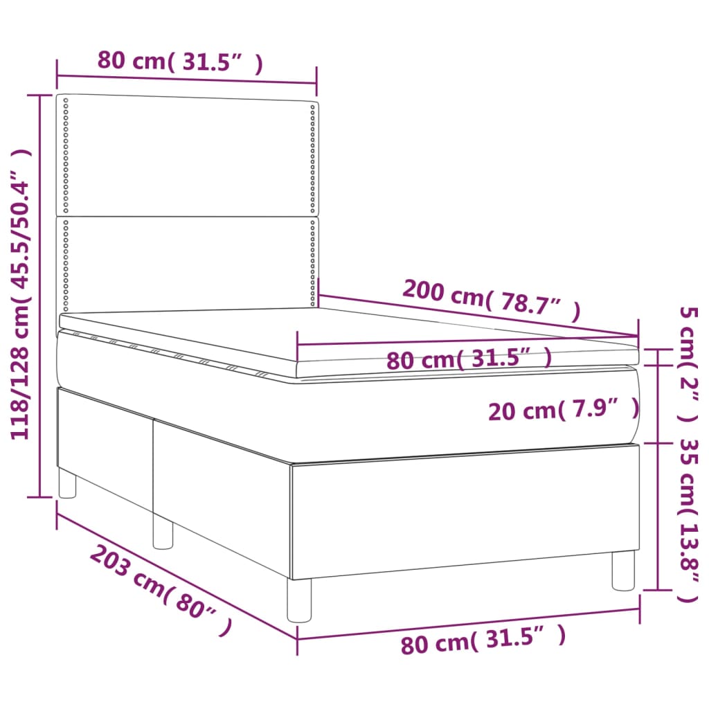 Cama box spring c/ colchão e LED 80x200 cm tecido cinza-escuro