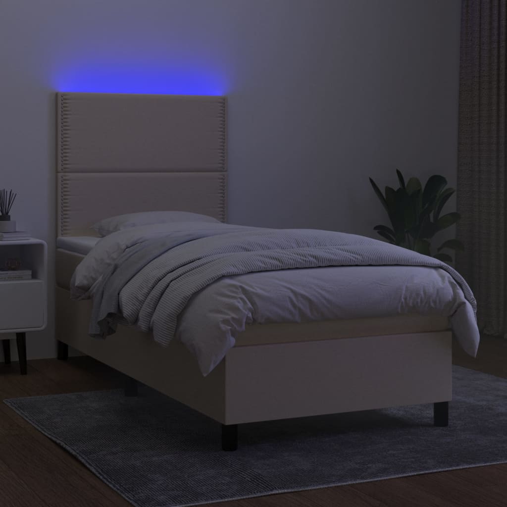 Cama box spring c/ colchão e LED 90x190 cm tecido cor creme