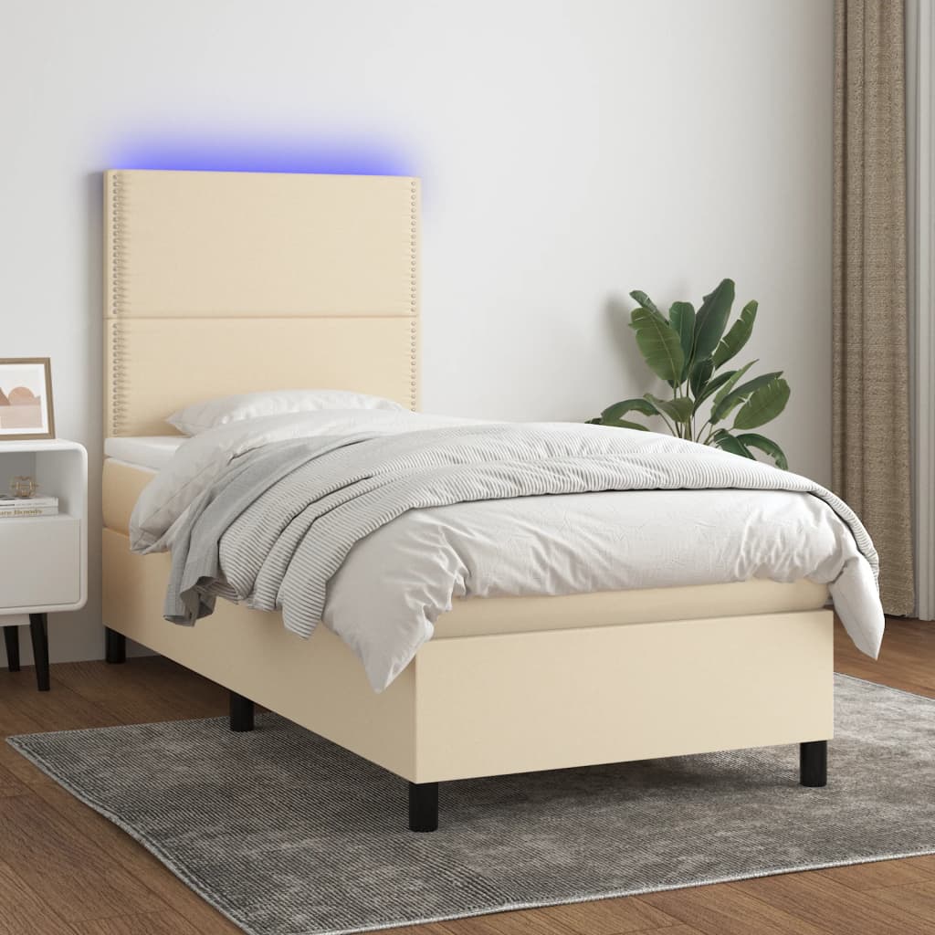 Cama box spring c/ colchão e LED 90x190 cm tecido cor creme