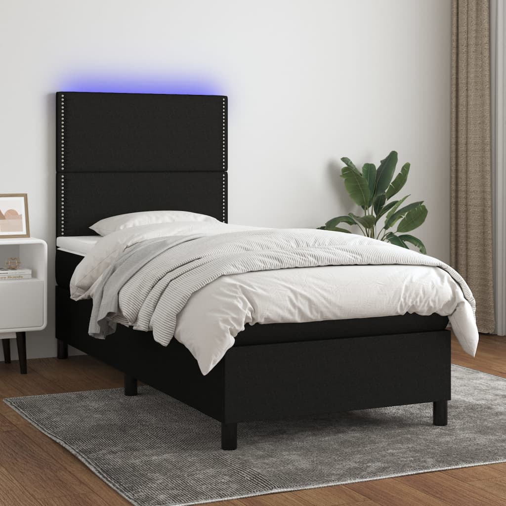 Cama box spring c/ colchão e LED 90x200 cm tecido preto