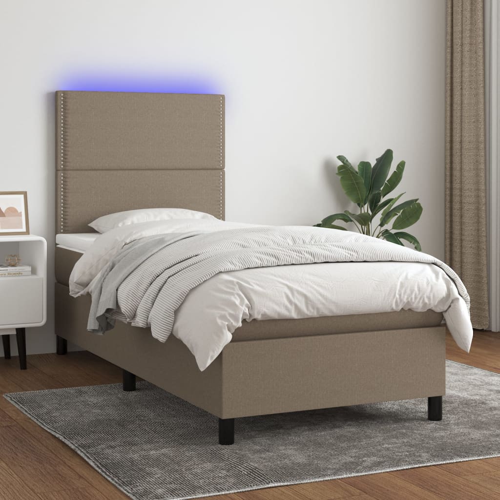 Cama box spring + colchão/LED 90x200cm tecido cinza-acastanhado