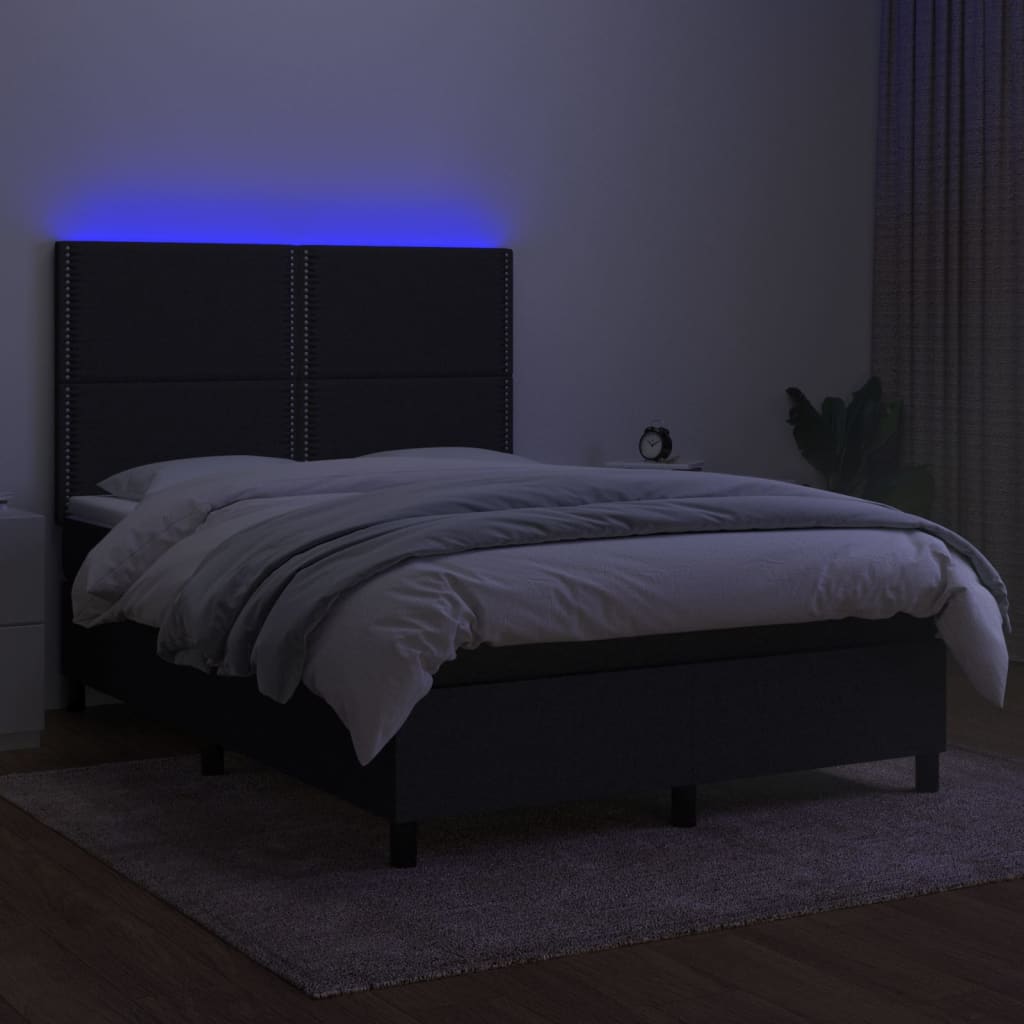 Cama box spring c/ colchão e LED 140x190 cm tecido preto