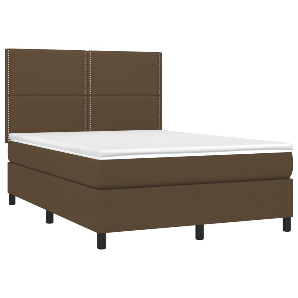 Cama box spring c/ colchão/LED 140x190cm tecido castanho-escuro