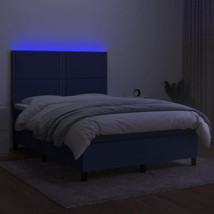 Cama box spring c/ colchão e LED 140x190 cm tecido azul