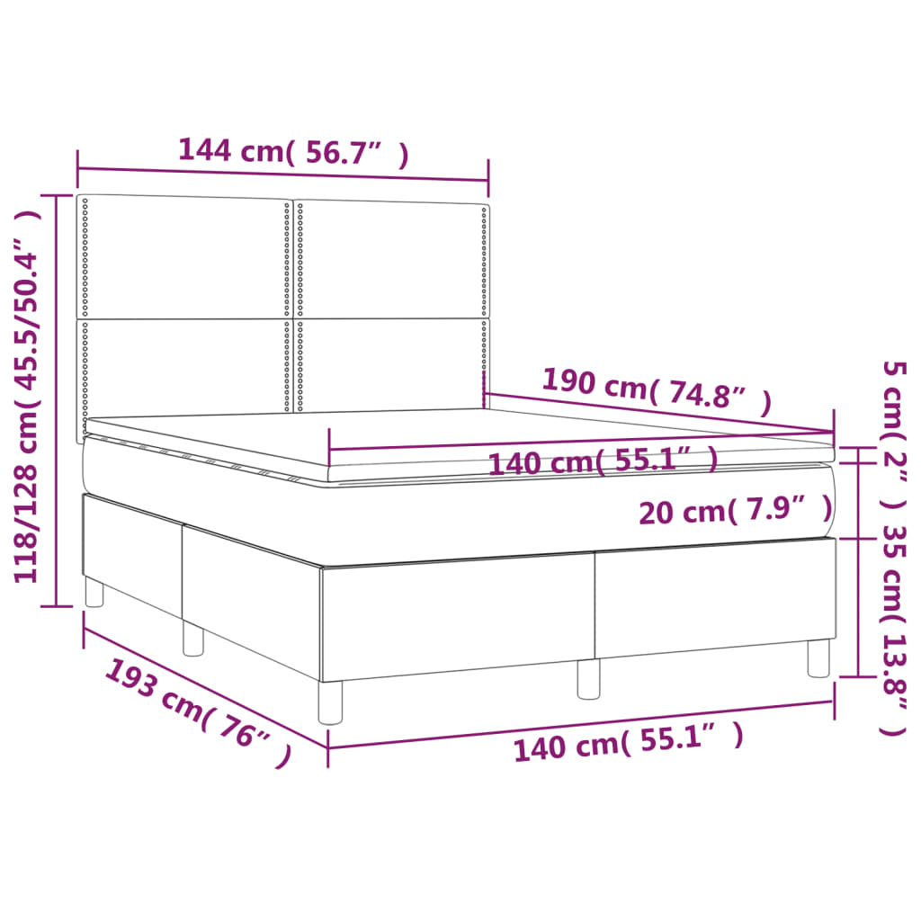 Cama box spring c/ colchão e LED 140x190 cm tecido azul