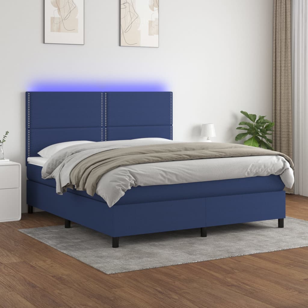 Cama box spring c/ colchão e LED 160x200 cm tecido azul