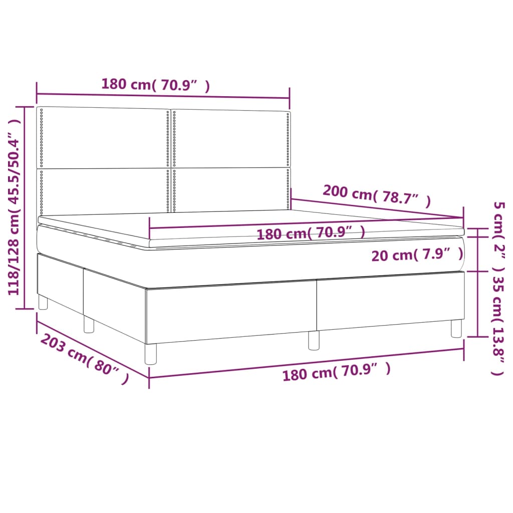 Cama box spring colchão/LED 180x200cm tecido cinza-acastanhado