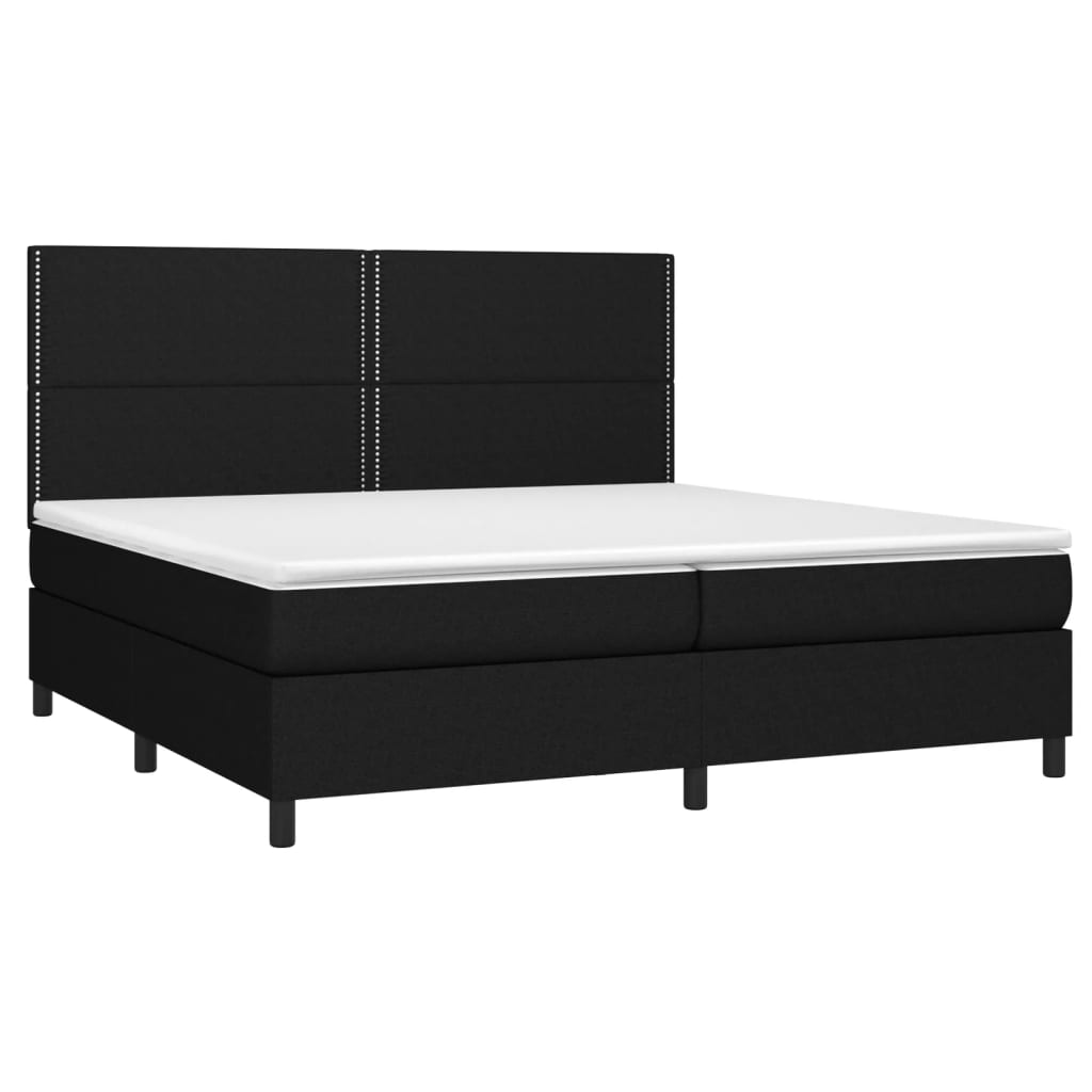 Cama box spring c/ colchão e LED 200x200 cm tecido preto